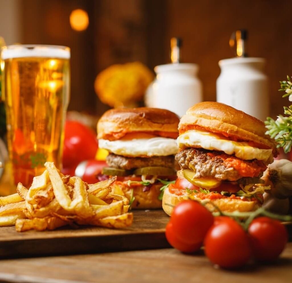 burger fries and beer